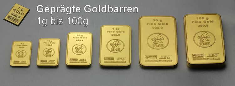 Geprägte Goldbarren 1g, 5g, 10g, 20g, 1oz, 50g, 100g