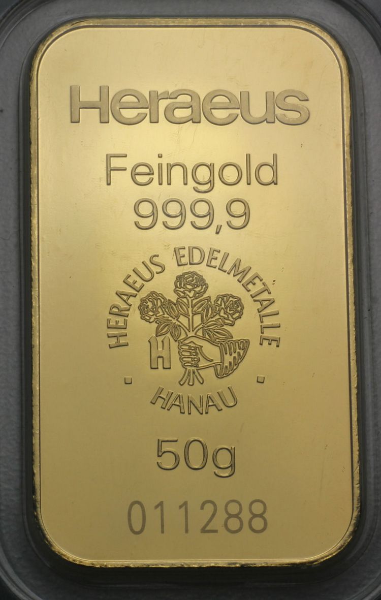 Neuer 50g Heraeus Goldbarren Neuer 50g Heraeus Goldbarren