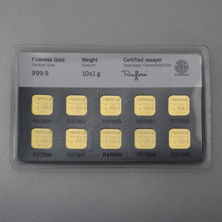 10 x 1g Goldblättchen in Heraeus MultiCard