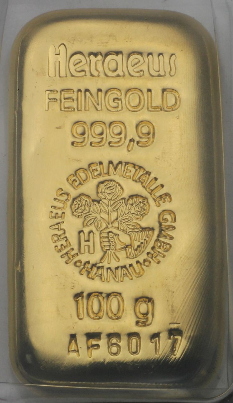 100g gegossener Goldbarren Heraeus 100g gegossener Goldbarren Heraeus