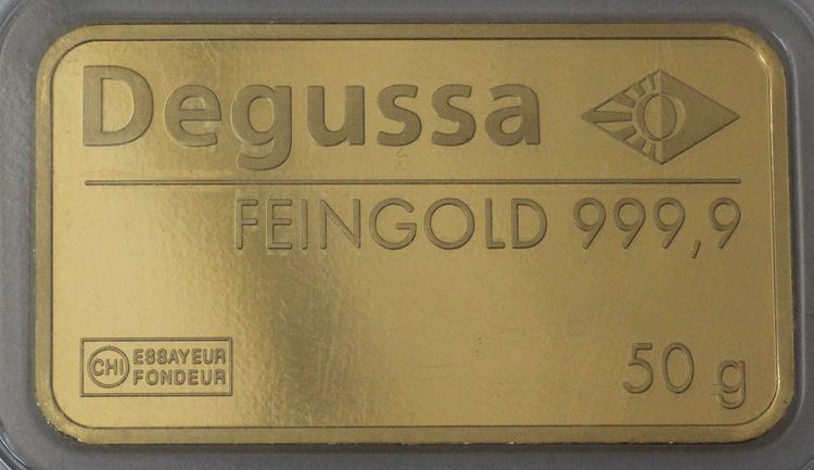 50g Degussa Goldhandel Goldbarren (Hersteller Valcambi)