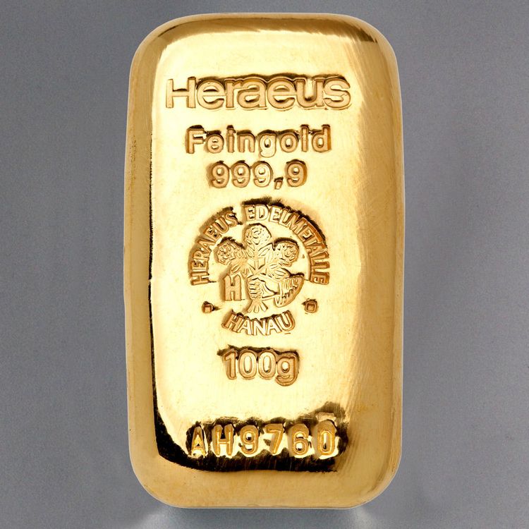 100g Goldbarren gegossen (Heraeus) 100g Goldbarren gegossen (Heraeus)