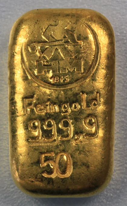 alter gegossener 50g Goldbarren Heimerle+Meule