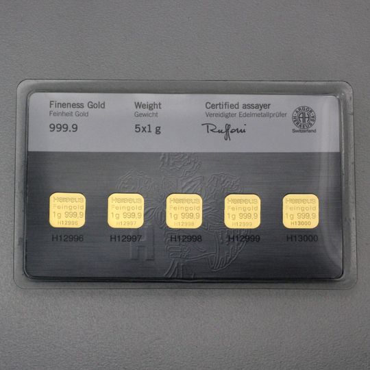 5 x 1g Goldblättchen in Heraeus MultiCard