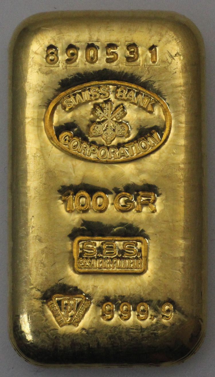 Gegossener 100g Goldbarren Swiss Bank Corporation Gegossener 100g Goldbarren Swiss Bank Corporation