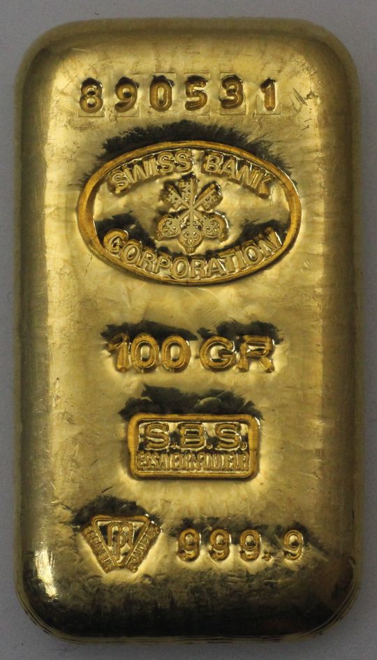 Gegossener 100g Goldbarren Swiss Bank Corporation Gegossener 100g Goldbarren Swiss Bank Corporation