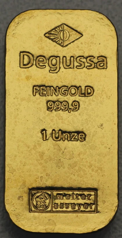 1oz Degussa Sargbarren von Heimerle+Meule