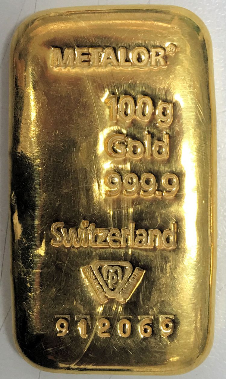 gegossener 100g Goldbarren Metalor gegossener 100g Goldbarren Metalor