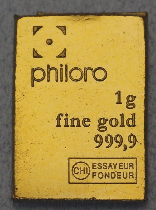 1g Goldbarren einer nach ESG Patent produzierten Philoro Goldtafel