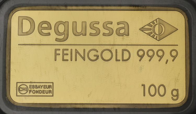 geprägter 100g Goldbarren vom Valcambi im Degussa like Design des Finkschen Degussa Goldhandels