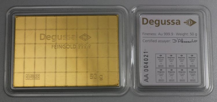 Rückseite 50g Goldtafelbarren Degussa