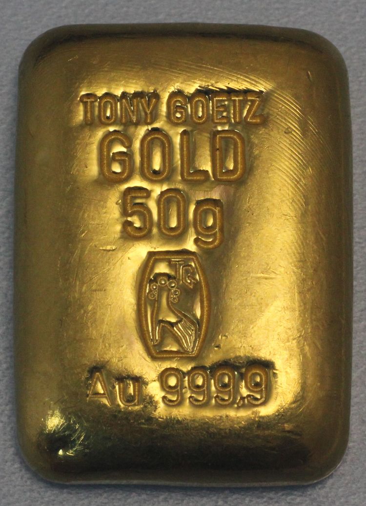Gegossener 50g Goldbarren Tony Goetz Gegossener 50g Goldbarren Tony Goetz