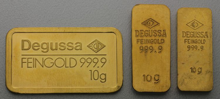 3 verschiedene 10g Degussa Goldbarren