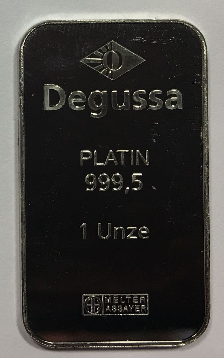1oz Platinbarren Degussa Argor hochkant 1oz Platinbarren Degussa Argor hochkant