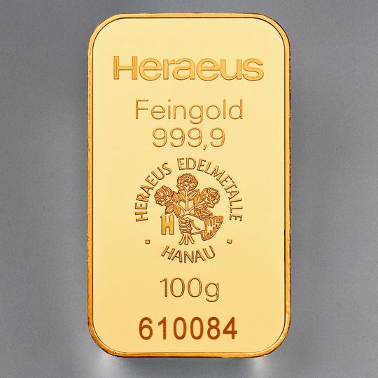 100g Goldbarren geprägt (Heraeus) 100g Goldbarren geprägt (Heraeus)