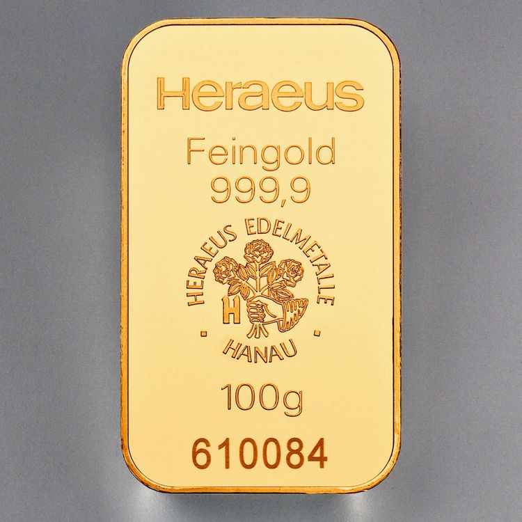 100g Goldbarren geprägt (Heraeus) 100g Goldbarren geprägt (Heraeus)