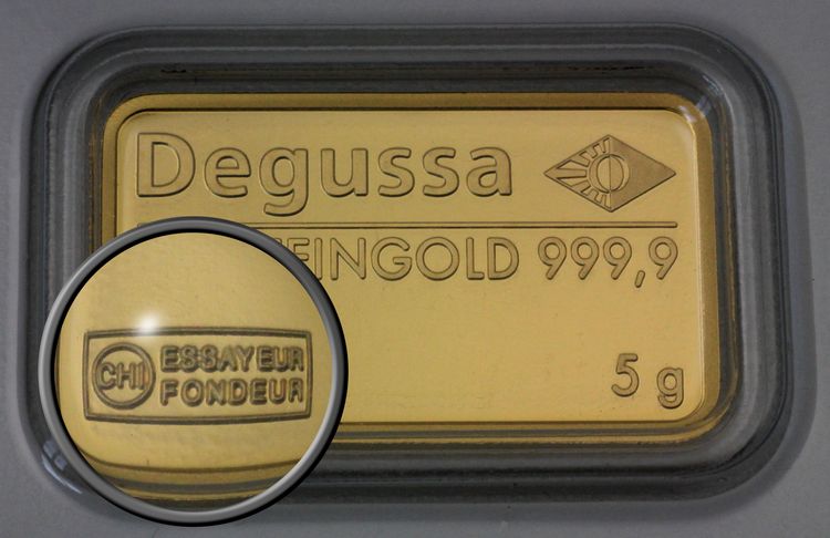 Degussa Goldbarren hergestellt von Valcambi SA (CHI Essayeur Fondeur)