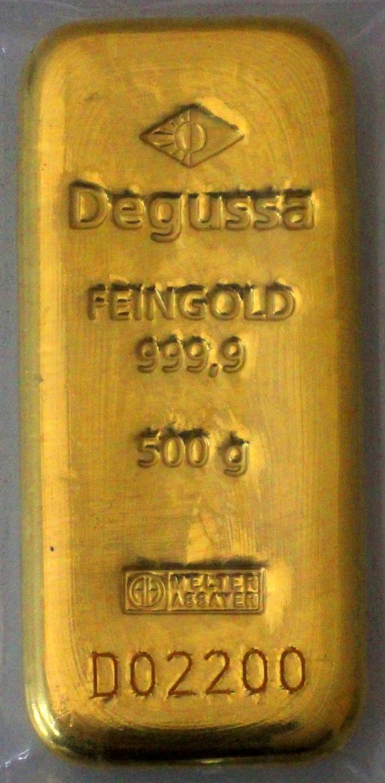 neuer 500g Goldbarren von Argor-Heraeus mit Degussa Logo