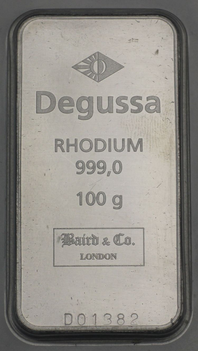 100g Rhodiumbarren Degussa mit Serien-Nr. 100g Rhodiumbarren Degussa mit Serien-Nr.