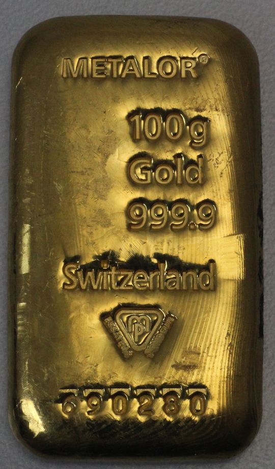 Gegossener 100g Metalor Goldbarren