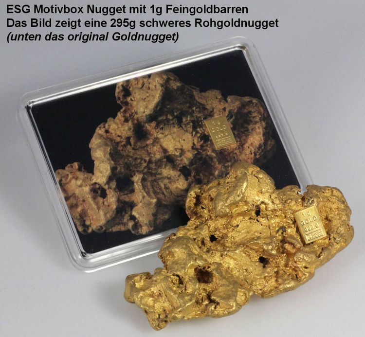 Die Goldnugget Motivbox enthält einen echten 1g Feingoldbarren in ein Bild eines 295g schweren Naturgoldnuggets eingelegt