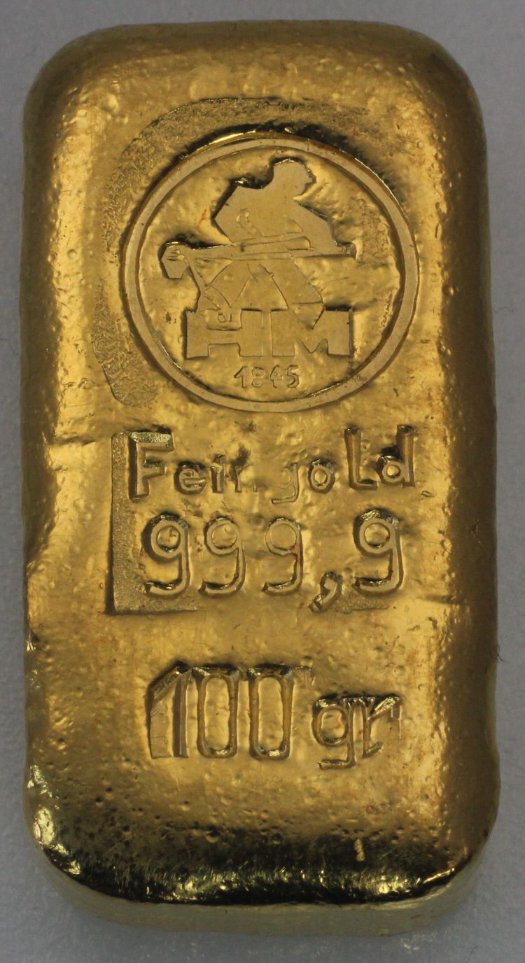Alter gegossener 100g Goldbarren Heimerle und Meule Alter gegossener 100g Goldbarren Heimerle und Meule