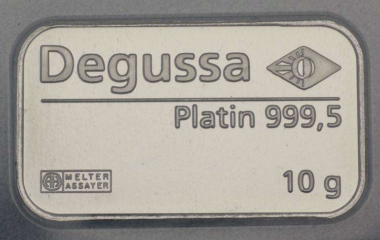 10g Platinbarren mit Degussa Logo von Argor-Heraeus 10g Platinbarren mit Degussa Logo von Argor-Heraeus