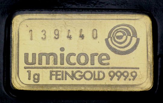 1g Umicore Goldbarren mit Seriennummer