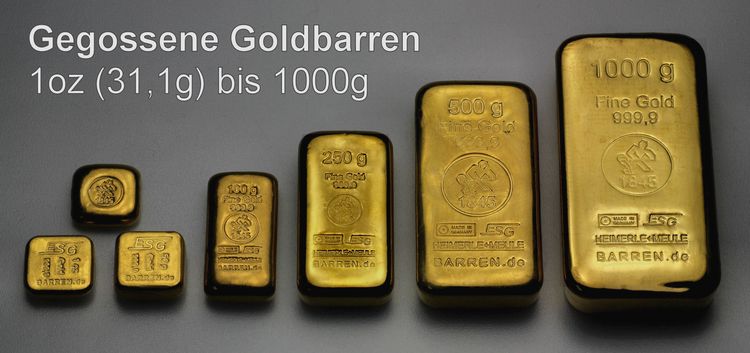 Gegossene Goldbarren 1oz, 50g, 100g, 250g, 500g, 1000g