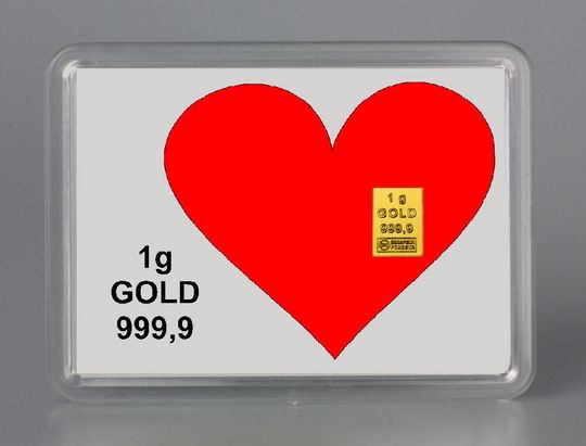 1g Goldbarren in Herz zum selber beschriften als Geschenk