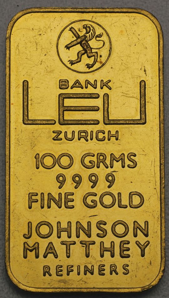 100g Bank Leu Goldbarren by Johnson Matthey