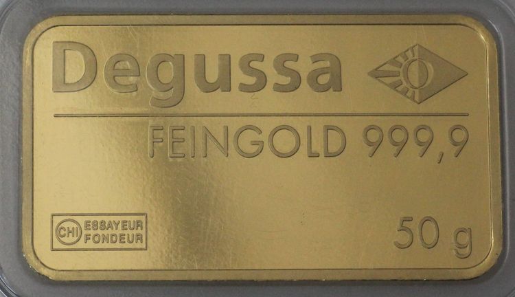 50g Degussa Goldhandel Goldbarren (Hersteller Valcambi) 50g Degussa Goldhandel Goldbarren (Hersteller Valcambi)