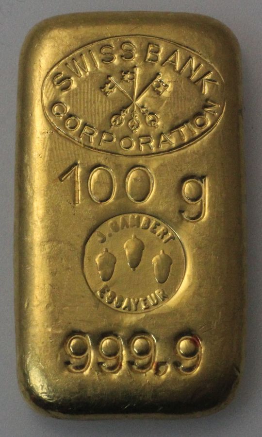 100g Goldbarren gegossen Swiss Bank Corporation